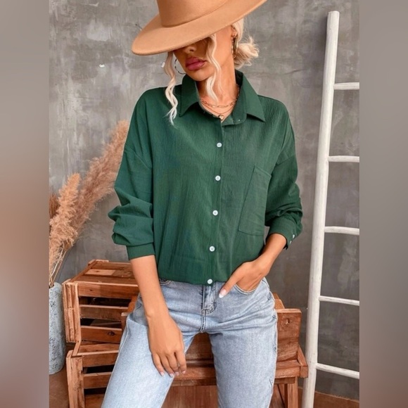 Women’s Spring & Autumn Casual Solid Forest Green Color Long Sleeve Shirt Sz L - Picture 5 of 7